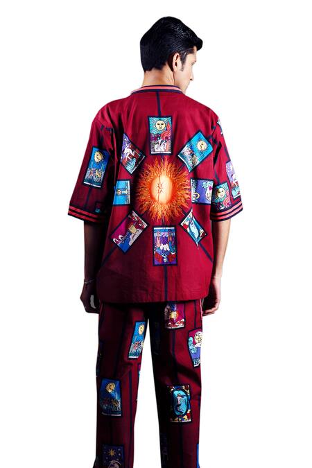 Dark Hour Maroon Cotton Satin Print Tarot Card Pant at Aza Fashions Dark Hour_Maroon Cotton Satin Print Tarot Card Pant _at_Aza_Fashions