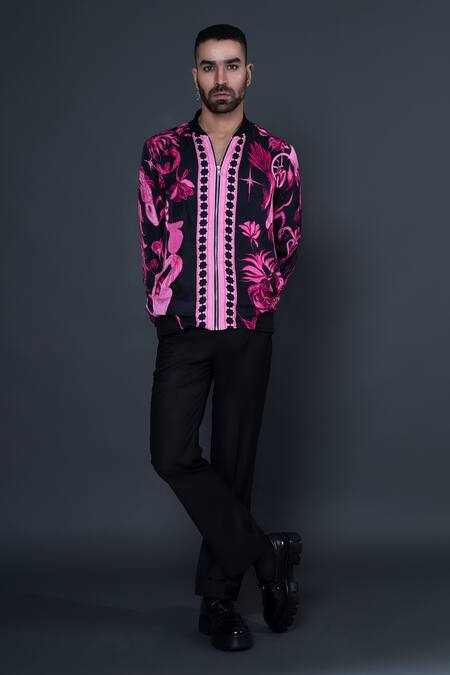 Shop Dark Hour Black Viscose Satin Print Floral Jacket Online at Aza Fashions Shop_Dark Hour_Black Viscose Satin Print Floral Jacket _Online_at_Aza_Fashions