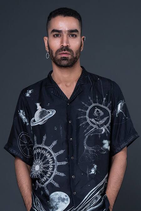 Dark Hour Black 100% Silk Print Astrology Space Shirt Online at Aza Fashions Dark Hour_Black 100% Silk Print Astrology Space Shirt _Online_at_Aza_Fashions