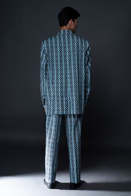 Shop Dark Hour Green 100% Cotton Suiting Print Geometric Jacket With Pant at Aza Fashions Shop_Dark Hour_Green 100% Cotton Suiting Print Geometric Jacket With Pant _at_Aza_Fashions