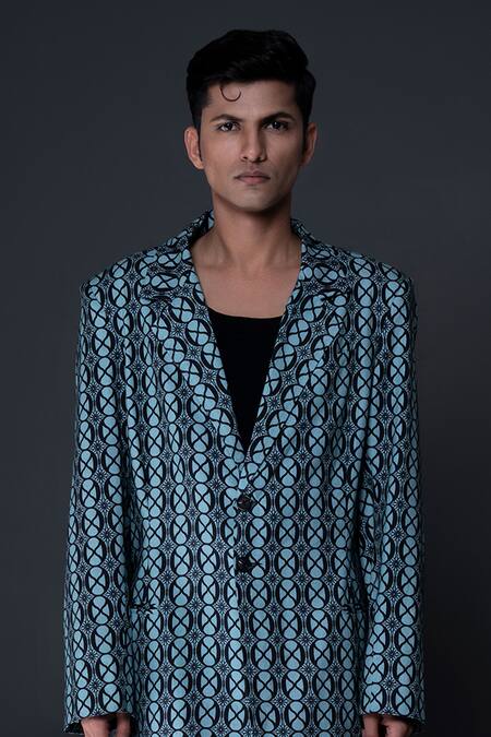 Shop Dark Hour Green Cotton Geometric Print Jacket Online at Aza Fashions Shop_Dark Hour_Green Cotton Geometric Print Jacket _Online_at_Aza_Fashions