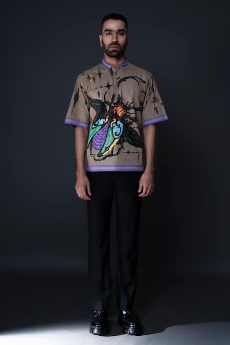 Dark Hour Beige Cotton Satin Print Abstract Bug Shirt 