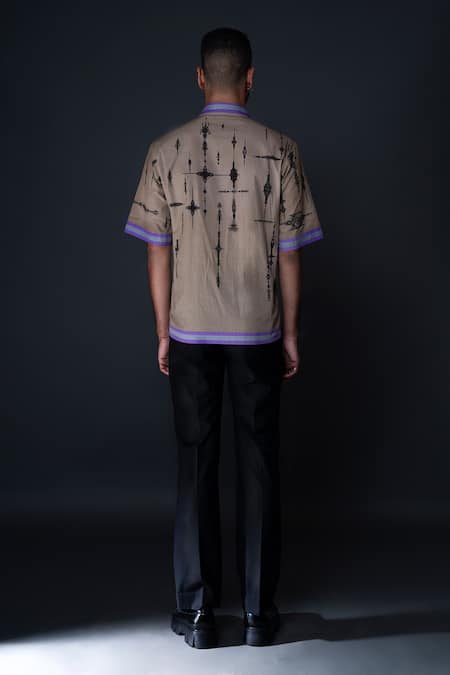 Shop Dark Hour Beige Cotton Satin Print Abstract Bug Shirt at Aza Fashions Shop_Dark Hour_Beige Cotton Satin Print Abstract Bug Shirt _at_Aza_Fashions