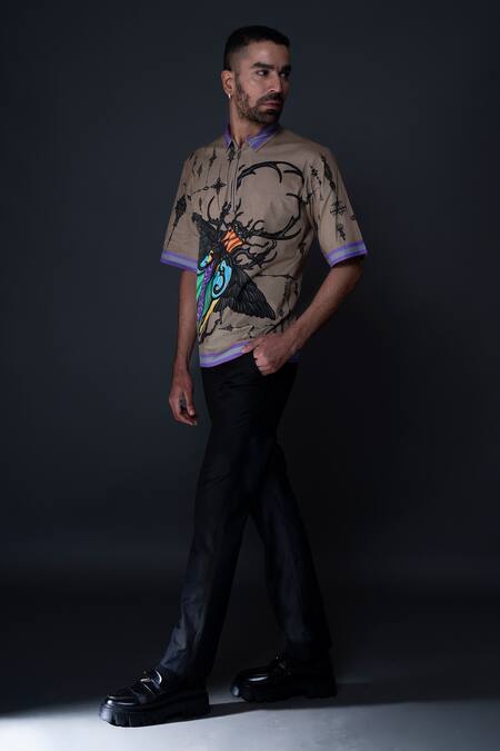 Shop Dark Hour Beige Cotton Satin Print Abstract Bug Shirt Online at Aza Fashions Shop_Dark Hour_Beige Cotton Satin Print Abstract Bug Shirt _Online_at_Aza_Fashions