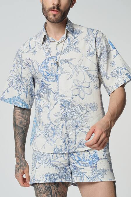 Dark Hour_Off White Cotton Print Floral Toile De Jouy Shirt _at_Aza_Fashions