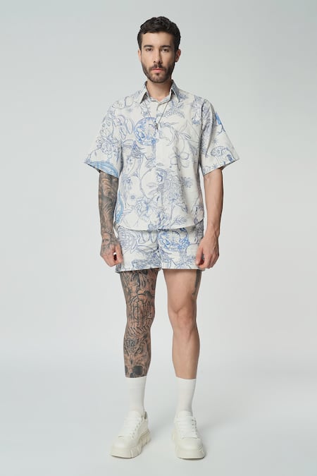 Dark Hour Off White Cotton Print Floral Toile De Jouy Shirt With Shorts 