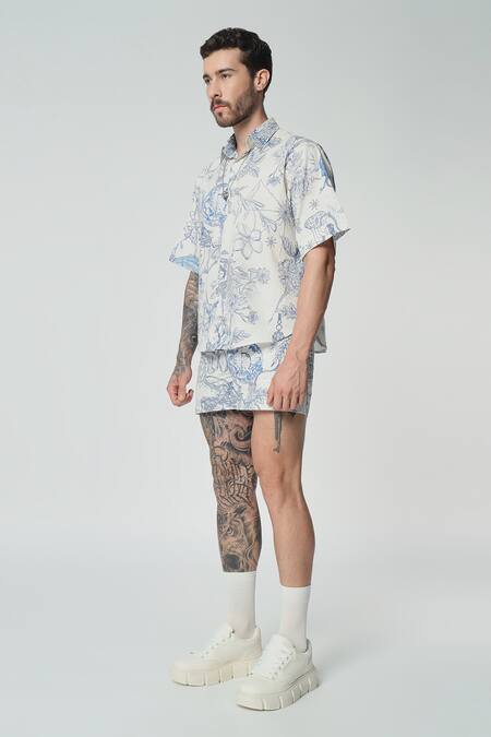 Buy Dark Hour Off White Cotton Print Floral Toile De Jouy Shirt With Shorts Online at Aza Fashions Buy_Dark Hour_Off White Cotton Print Floral Toile De Jouy Shirt With Shorts _Online_at_Aza_Fashions