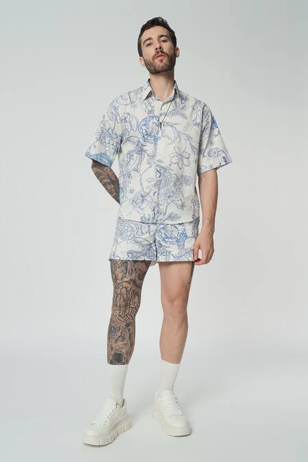 Buy Dark Hour Off White Cotton Print Floral Toile De Jouy Shirt With Shorts Buy_Dark Hour_Off White Cotton Print Floral Toile De Jouy Shirt With Shorts