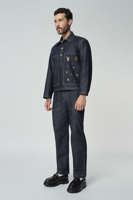 Dark Hour_Blue Denim Metallic Thread Jacket With Pant_at_Aza_Fashions