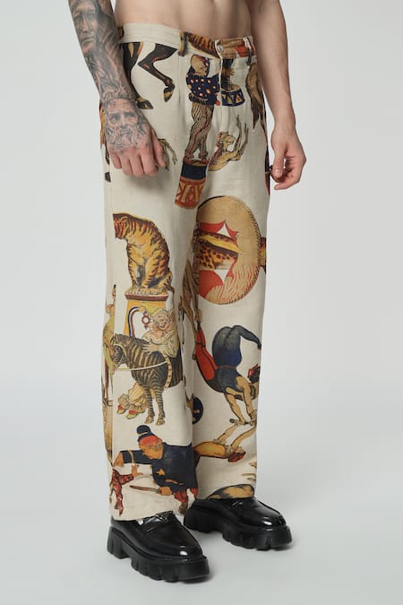 Dark Hour_Beige Handloom Cotton Print Circus Inspired Pant _at_Aza_Fashions