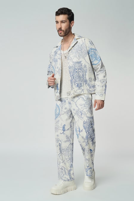 Dark Hour Off White Cotton Print Toile De Jouy Shacket With Pant 