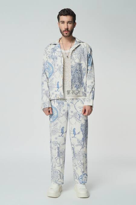 Buy Dark Hour Off White Cotton Print Toile De Jouy Shacket With Pant Online at Aza Fashions Buy_Dark Hour_Off White Cotton Print Toile De Jouy Shacket With Pant _Online_at_Aza_Fashions