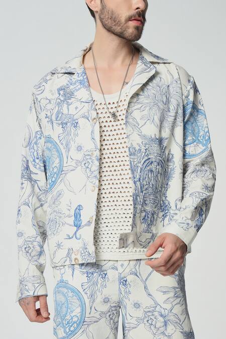 Shop Dark Hour Off White Cotton Print Toile De Jouy Shacket With Pant Online at Aza Fashions Shop_Dark Hour_Off White Cotton Print Toile De Jouy Shacket With Pant _Online_at_Aza_Fashions