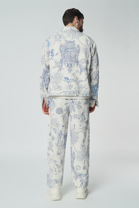 Shop Dark Hour Off White Cotton Print Toile De Jouy Shacket With Pant at Aza Fashions Shop_Dark Hour_Off White Cotton Print Toile De Jouy Shacket With Pant _at_Aza_Fashions