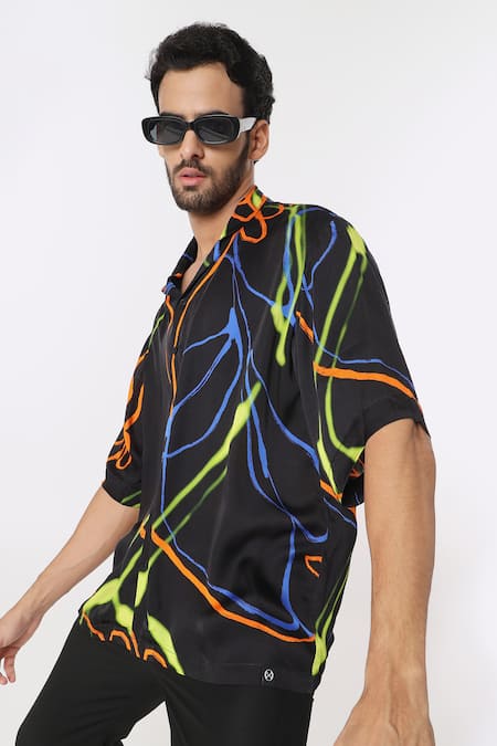 Shop Dark Hour Black Modal Satin Print Abstract Helix Shirt at Aza Fashions Shop_Dark Hour_Black Modal Satin Print Abstract Helix Shirt _at_Aza_Fashions