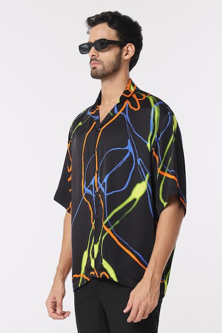 Dark Hour Black Modal Satin Print Abstract Helix Shirt Online at Aza Fashions Dark Hour_Black Modal Satin Print Abstract Helix Shirt _Online_at_Aza_Fashions