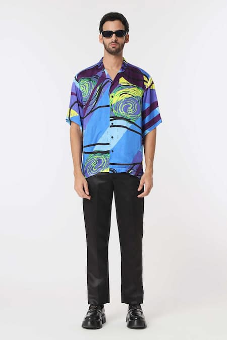 Dark Hour Blue Modal Satin Print Swerve Ripple Shirt 