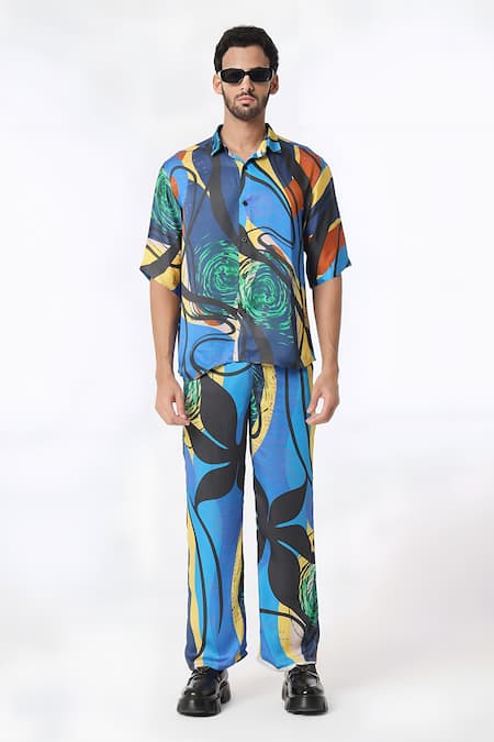 Dark Hour Blue Modal Satin Lining Viscose Crepe Print Abstract Bloom Shirt With Pant 