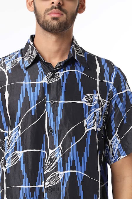 Buy_Dark Hour_Black Silk Print Bloom Wave Shirt _Online_at_Aza_Fashions