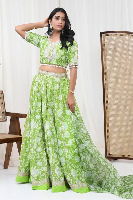 Buy_Yuvraani Jaipur_Green Chanderi, Organza, Cotton Embroidery Round Neck Floral Print Lehenga Set _Online_at_Aza_Fashions
