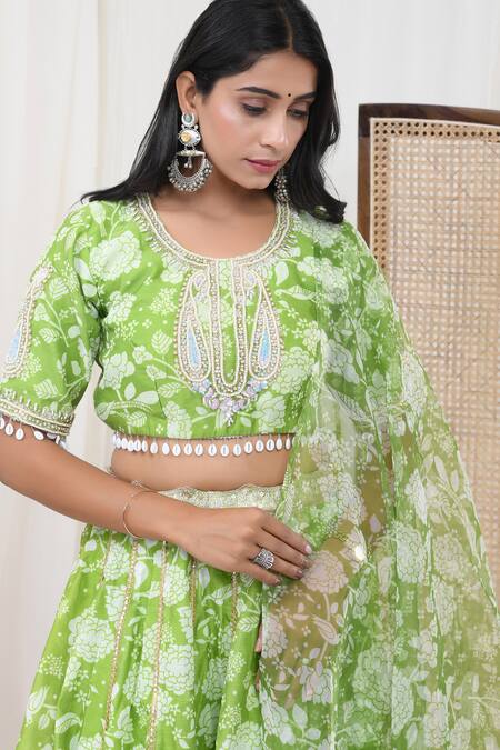 Shop_Yuvraani Jaipur_Green Chanderi, Organza, Cotton Embroidery Round Neck Floral Print Lehenga Set _Online_at_Aza_Fashions