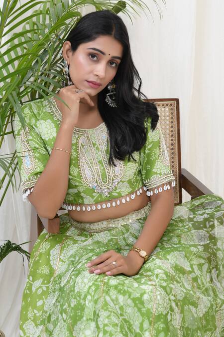 Yuvraani Jaipur_Green Chanderi, Organza, Cotton Embroidery Round Neck Floral Print Lehenga Set _at_Aza_Fashions