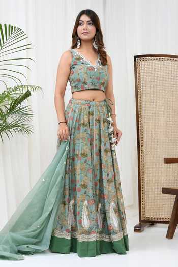Yuvraani Jaipur_Green Chanderi, Cotton, Organza Pearls, Embroidery Floral Print Lehenga Set _Online_at_Aza_Fashions