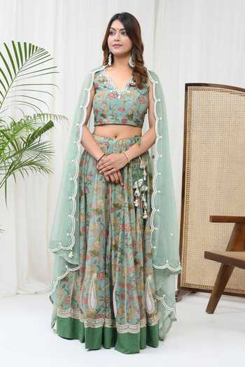 Shop_Yuvraani Jaipur_Green Chanderi, Cotton, Organza Pearls, Embroidery Floral Print Lehenga Set _Online_at_Aza_Fashions