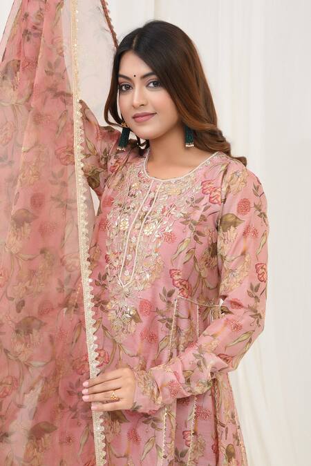 Shop_Yuvraani Jaipur_Brown Organza, Chanderi Embroidery Round Neck Floral Print Kurta Pant Set _Online_at_Aza_Fashions