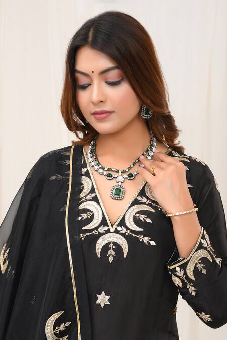 Shop_Yuvraani Jaipur_Black Silk, Organza, Cotton Embroidery, Gota Patti V-neck Kurta Pant Set _Online_at_Aza_Fashions