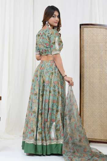 Yuvraani Jaipur_Green Chanderi, Organza, Cotton Gota Patti, Embroidery Floral Print Lehenga Set _Online_at_Aza_Fashions
