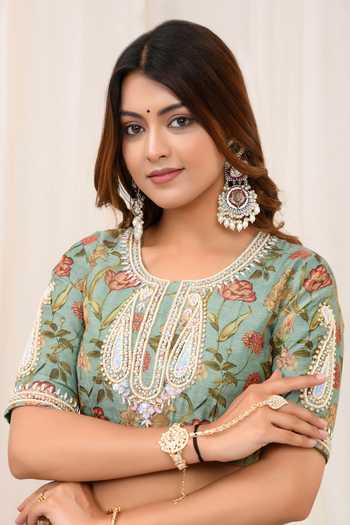 Buy_Yuvraani Jaipur_Green Chanderi, Organza, Cotton Gota Patti, Embroidery Floral Print Lehenga Set _Online_at_Aza_Fashions