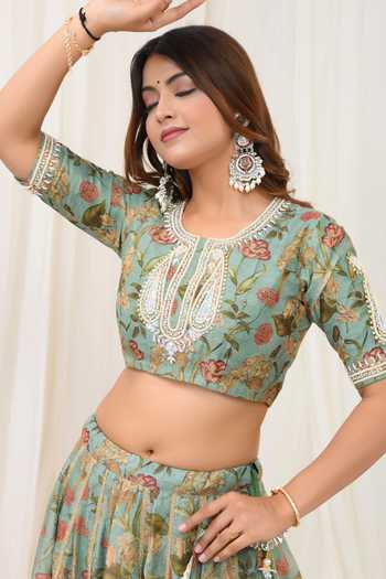 Shop_Yuvraani Jaipur_Green Chanderi, Organza, Cotton Gota Patti, Embroidery Floral Print Lehenga Set _Online_at_Aza_Fashions