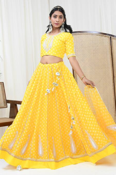 Shop_Yuvraani Jaipur_Yellow Chanderi, Organza Embroidery, Tassels Round Floral Paisley Lehenga Set _Online_at_Aza_Fashions