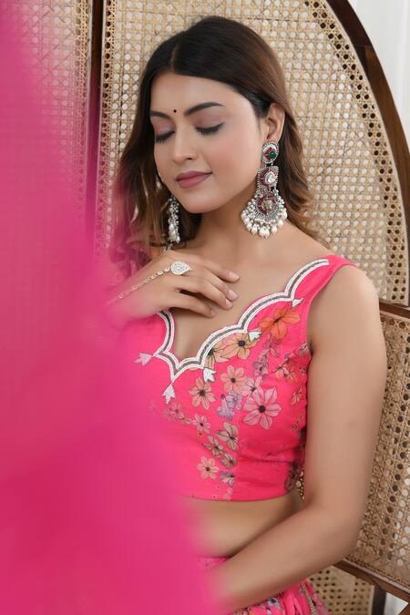 Shop_Yuvraani Jaipur_Pink Chanderi, Organza Embroidery Scoop Neck Floral Blouse And Lehenga Set 