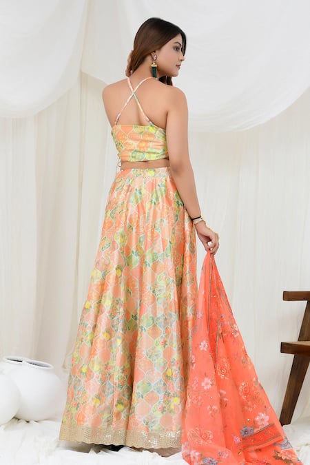 Shop_Yuvraani Jaipur_Multi Color Tussar Embroidery, Sequins Halter Floral Print Blouse And Lehenga Set _at_Aza_Fashions