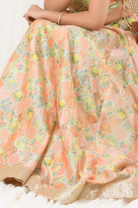 Shop Yuvraani Jaipur Multi Color Tussar Embroidery, Sequins Halter Floral Print Blouse And Lehenga Set Online at Aza Fashions Shop_Yuvraani Jaipur_Multi Color Tussar Embroidery, Sequins Halter Floral Print Blouse And Lehenga Set _Online_at_Aza_Fashions