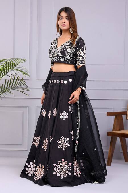 Yuvraani Jaipur_Black Silk Mirrors, Embroidery V-neck Blouse And Lehenga Set _Online_at_Aza_Fashions