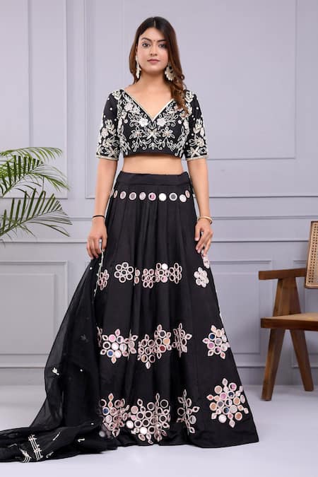 Buy_Yuvraani Jaipur_Black Silk Mirrors, Embroidery V-neck Blouse And Lehenga Set _Online_at_Aza_Fashions