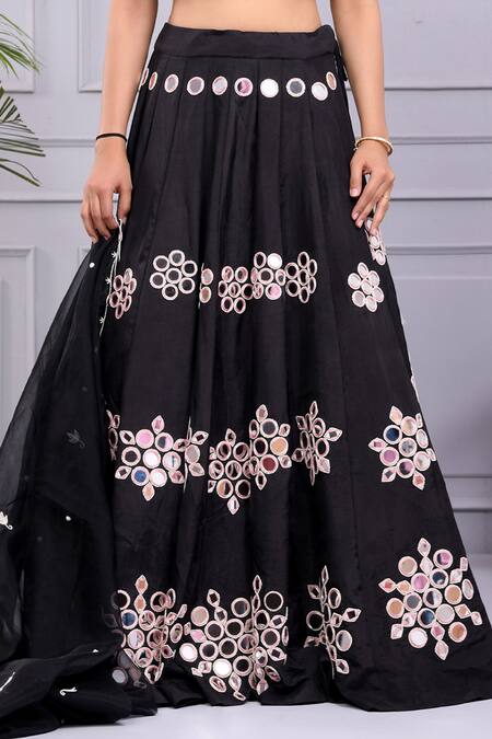 Shop_Yuvraani Jaipur_Black Silk Mirrors, Embroidery V-neck Blouse And Lehenga Set _Online_at_Aza_Fashions
