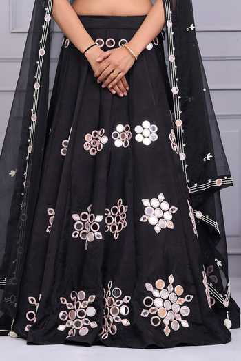 Yuvraani Jaipur Black Silk Embroidery, Mirrors V-neck Floral Blouse And Lehenga Set Online at Aza Fashions Yuvraani Jaipur_Black Silk Embroidery, Mirrors V-neck Floral Blouse And Lehenga Set _Online_at_Aza_Fashions