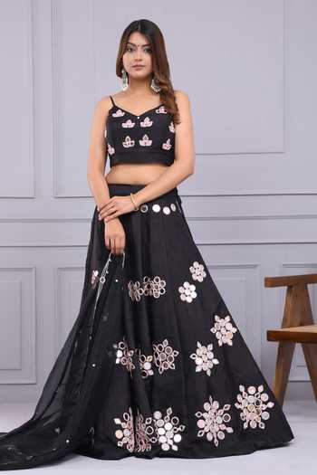 Buy_Yuvraani Jaipur_Black Silk Embroidery, Mirrors V-neck Floral Blouse And Lehenga Set _Online_at_Aza_Fashions