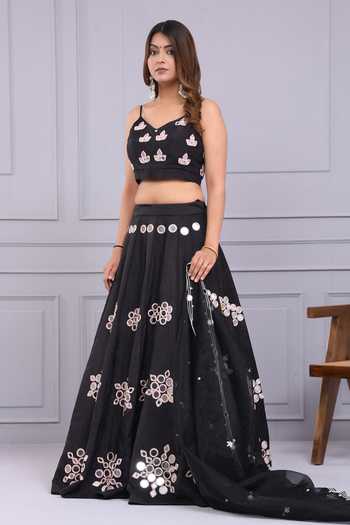 Shop_Yuvraani Jaipur_Black Silk Embroidery, Mirrors V-neck Floral Blouse And Lehenga Set _Online_at_Aza_Fashions