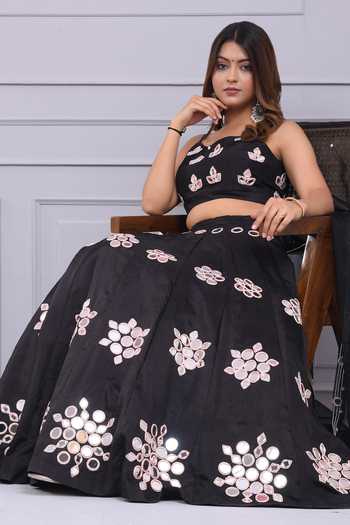 Yuvraani Jaipur_Black Silk Embroidery, Mirrors V-neck Floral Blouse And Lehenga Set _at_Aza_Fashions