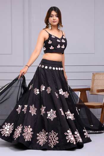 Shop_Yuvraani Jaipur_Black Silk Embroidery, Mirrors V-neck Floral Blouse And Lehenga Set 