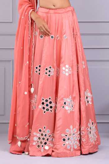 Yuvraani Jaipur Peach Silk Mirrors, Embroidery V-neck Thread Blouse And Lehenga Set Online at Aza Fashions Yuvraani Jaipur_Peach Silk Mirrors, Embroidery V-neck Thread Blouse And Lehenga Set _Online_at_Aza_Fashions