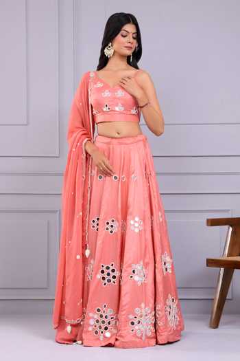 Buy_Yuvraani Jaipur_Peach Silk Mirrors, Embroidery V-neck Thread Blouse And Lehenga Set _Online_at_Aza_Fashions