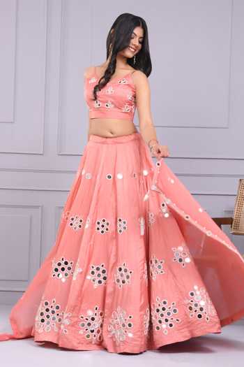 Shop_Yuvraani Jaipur_Peach Silk Mirrors, Embroidery V-neck Thread Blouse And Lehenga Set _Online_at_Aza_Fashions