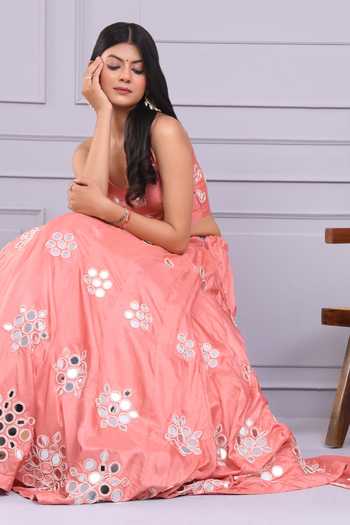 Yuvraani Jaipur_Peach Silk Mirrors, Embroidery V-neck Thread Blouse And Lehenga Set _at_Aza_Fashions