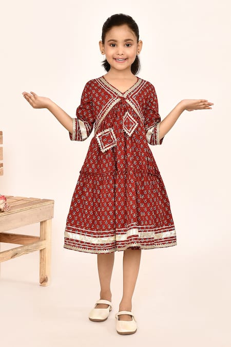 Petite Pomme_Maroon Cotton Embroidery, Gota Patti Floral Print Dress _Online_at_Aza_Fashions